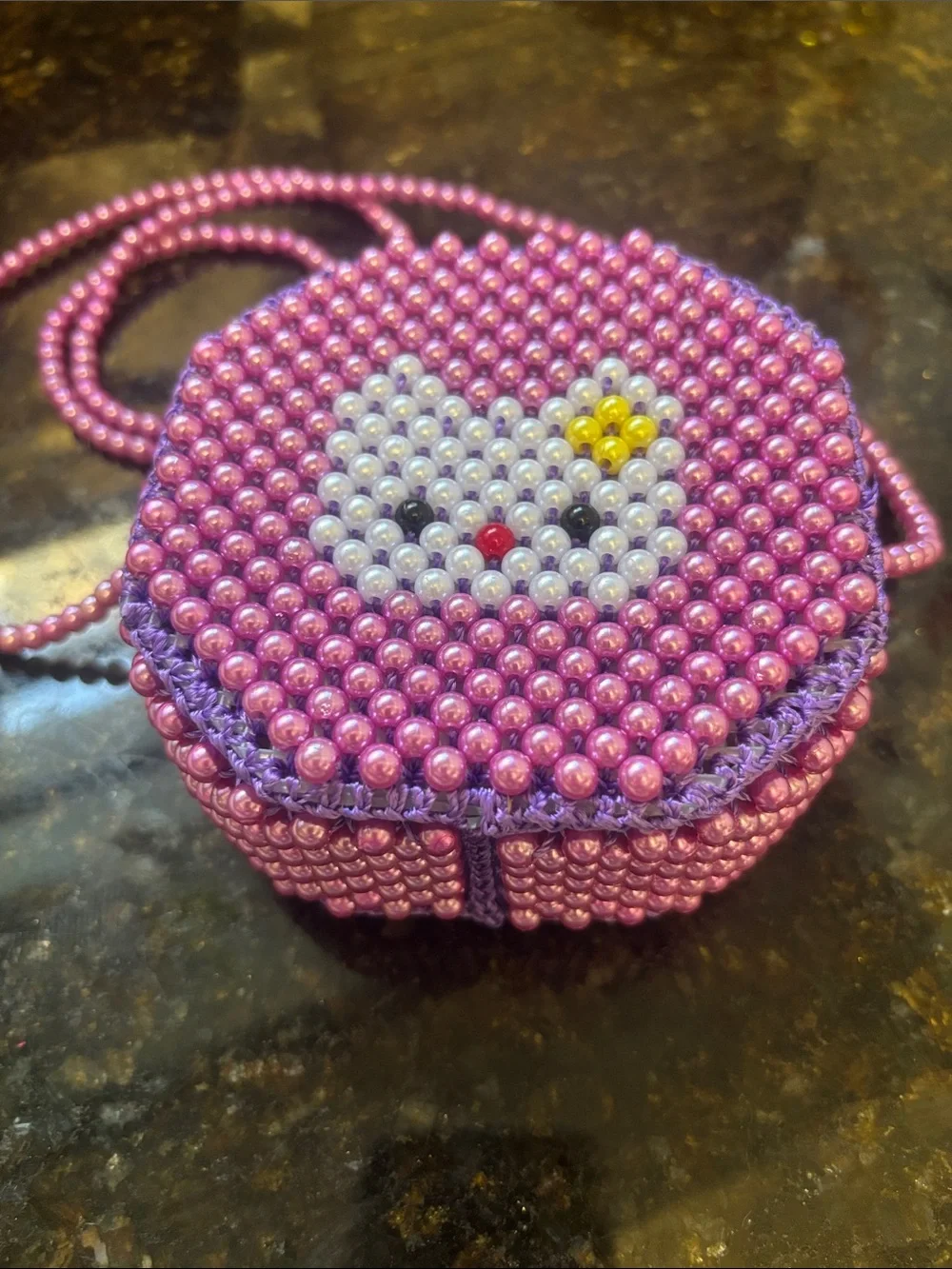 Hand Crafted Purple Beaded Kids Crossbody Bag with White Cat and Yellow Flower